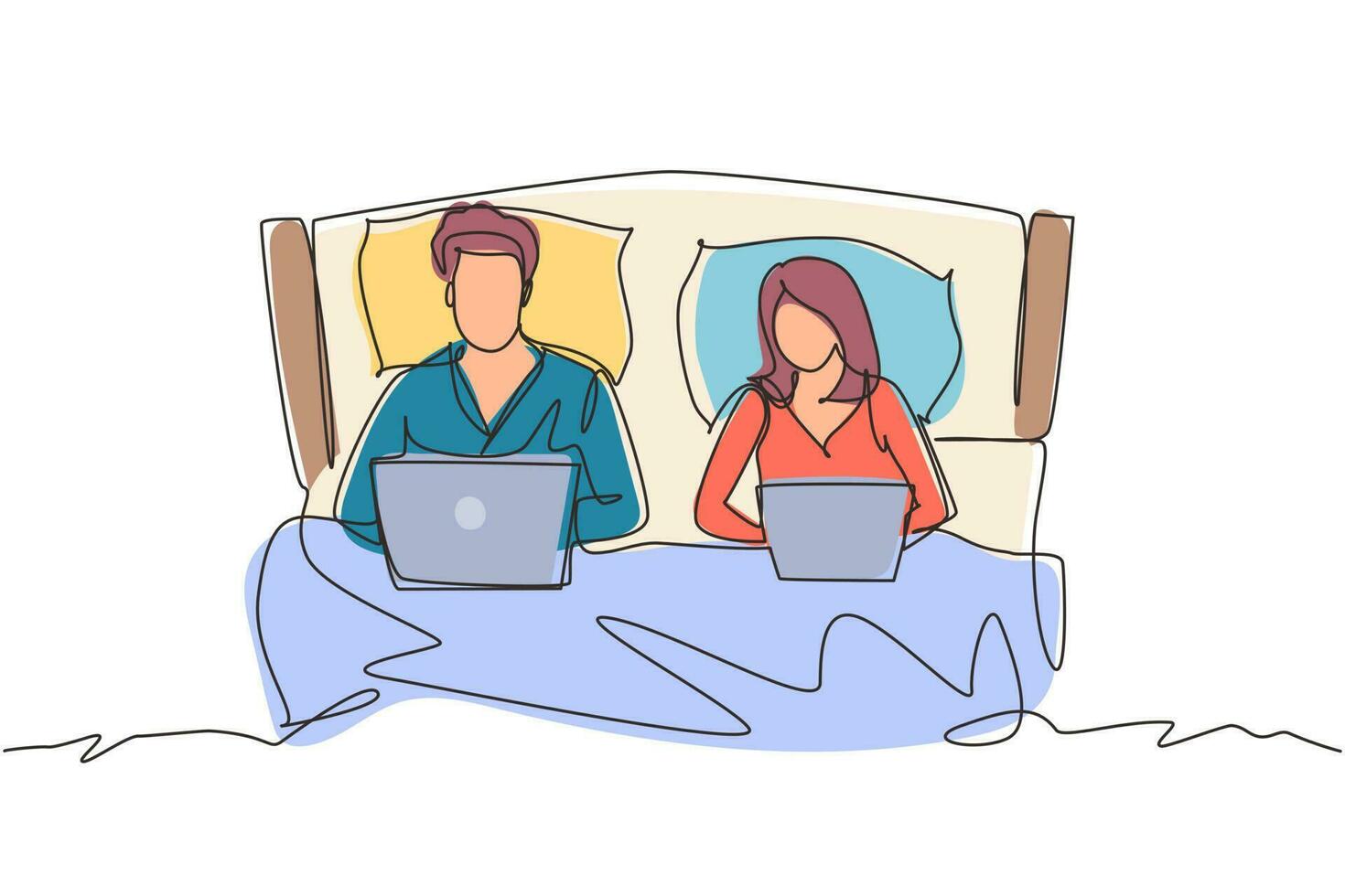 une ligne continue dessinant un couple au lit. homme et femme avec ordinateur portable surfer sur internet. activité de mariage heureux avant de dormir. couple romantique se reposant dans la chambre. graphique vectoriel de conception de dessin à une seule ligne