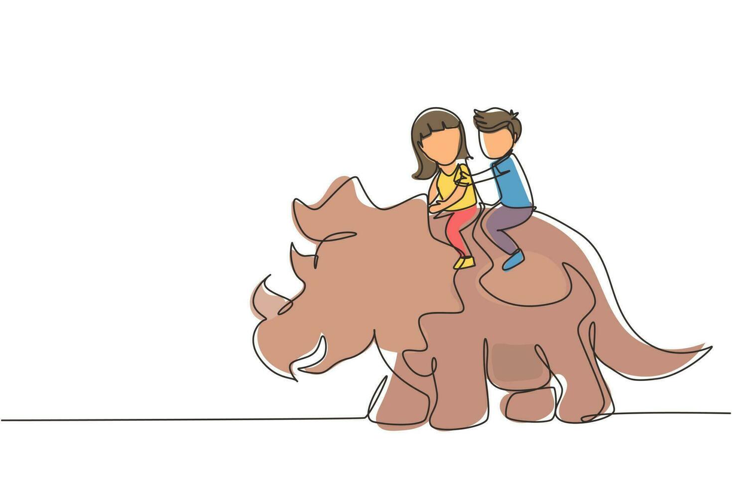 une seule ligne continue dessinant un petit garçon et une fille caveman chevauchant des tricératops ensemble. enfants assis sur le dos du dinosaure. enfants de l'âge de pierre. ancienne vie humaine. une ligne dessiner vecteur de conception graphique