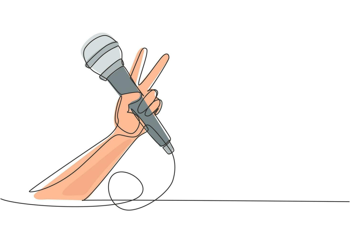 dessin continu d'une ligne enfant tenant un microphone sur fond blanc, gros plan de la main. micro avec geste de victoire. karaoké kid chante une chanson au microphone. illustration vectorielle de dessin à une seule ligne vecteur