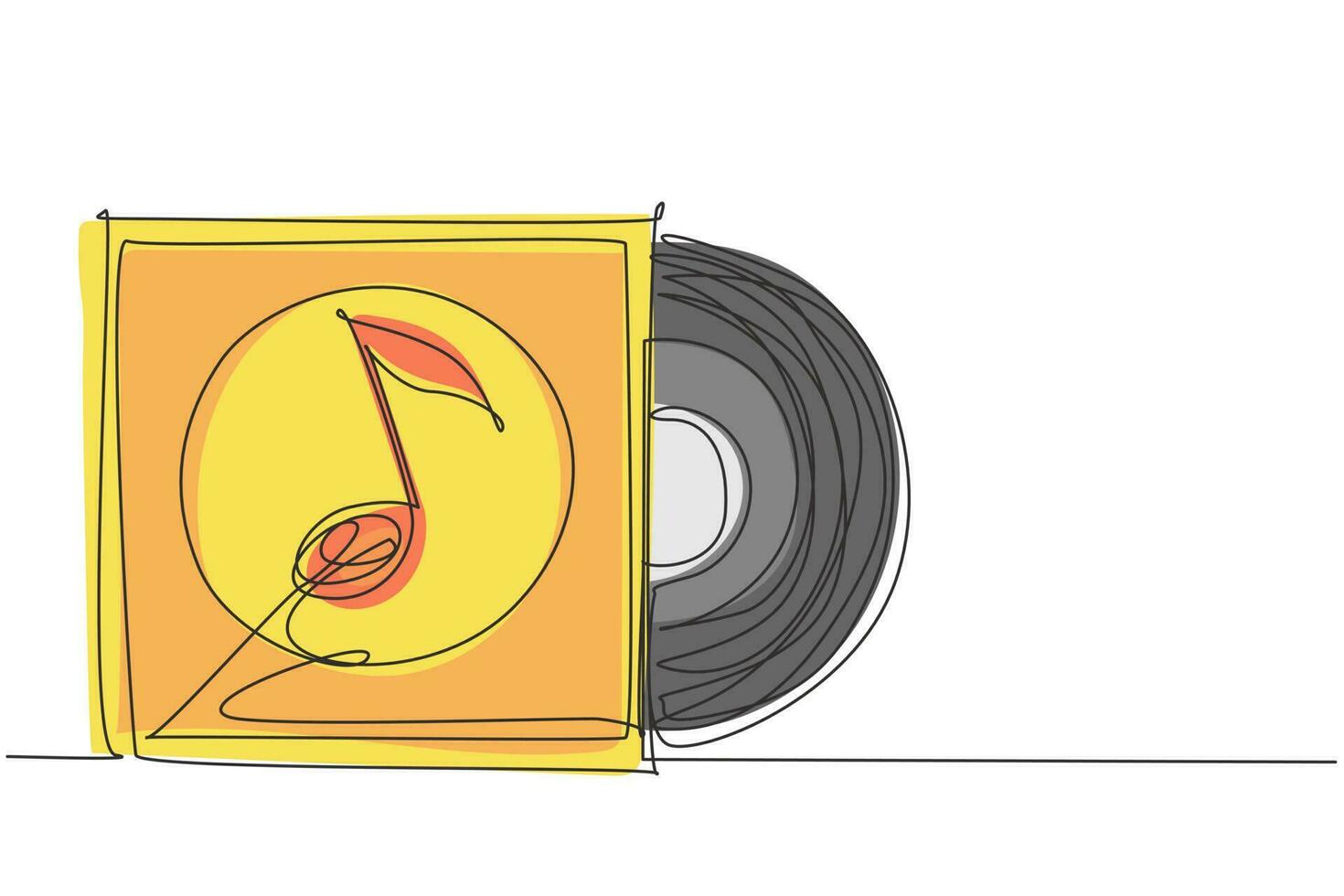 une ligne continue dessinant un disque vinyle réaliste avec une maquette de couverture. typographie avec casque et onde sonore. recueil de musique. vue de face. illustration graphique vectorielle de conception de dessin à une seule ligne vecteur