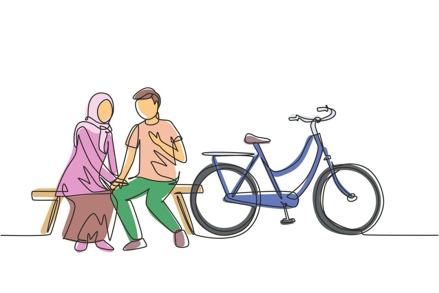 une ligne continue dessinant un couple arabe romantique bavardant assis sur un banc. couple d'adolescents romantique faire du vélo. jeune homme et femme amoureux. illustration graphique vectorielle de conception de dessin à une seule ligne vecteur