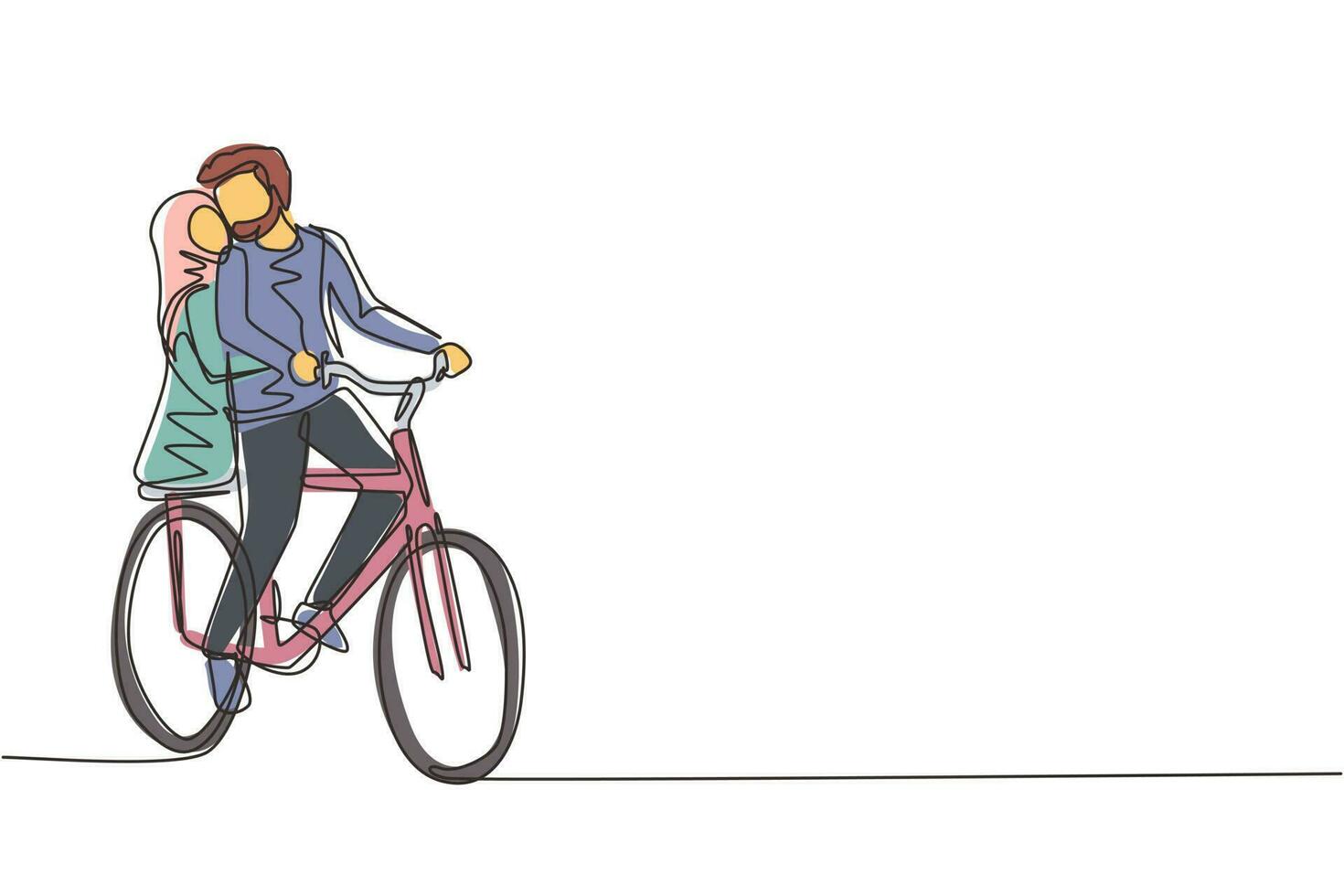 une seule ligne dessinant un jeune couple arabe aimant faire du vélo. relations humaines romantiques, histoire d'amour, famille de jeunes mariés en voyage de noces aventure, passion, émotions. graphique de conception de dessin en ligne continue vecteur