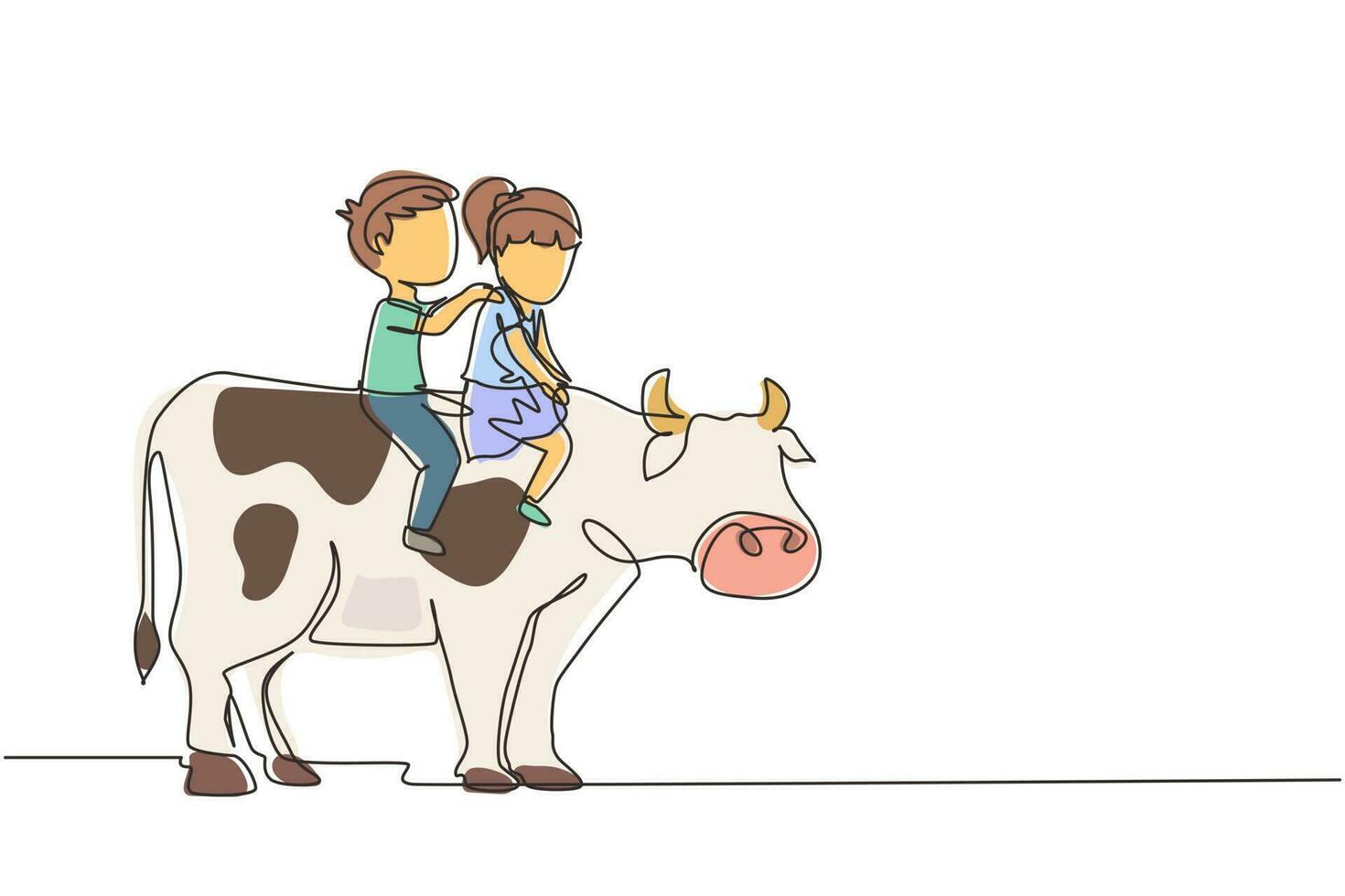 dessin d'une seule ligne heureux petit garçon et fille chevauchant une vache ensemble. enfants assis sur le dos de la vache avec selle dans le sol du ranch. les enfants apprennent à monter à cheval. vecteur graphique de conception de dessin en ligne continue