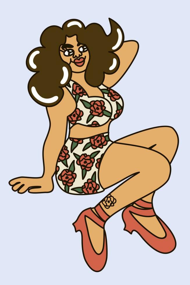 rétro fille. Jeune femme dans bikini décoré avec des roses et dans rouge des sandales. vecteur