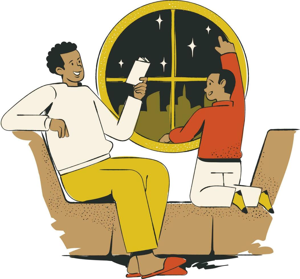 vecteur illustration de deux copains en train de regarder la télé à maison. Hommes et femmes séance dans fauteuil.