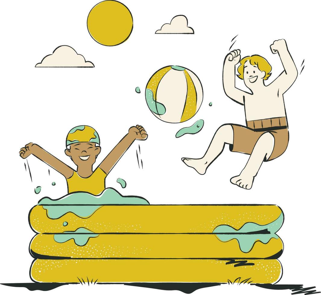 garçon sur le gonflable matelas avec une balle. vecteur illustration.