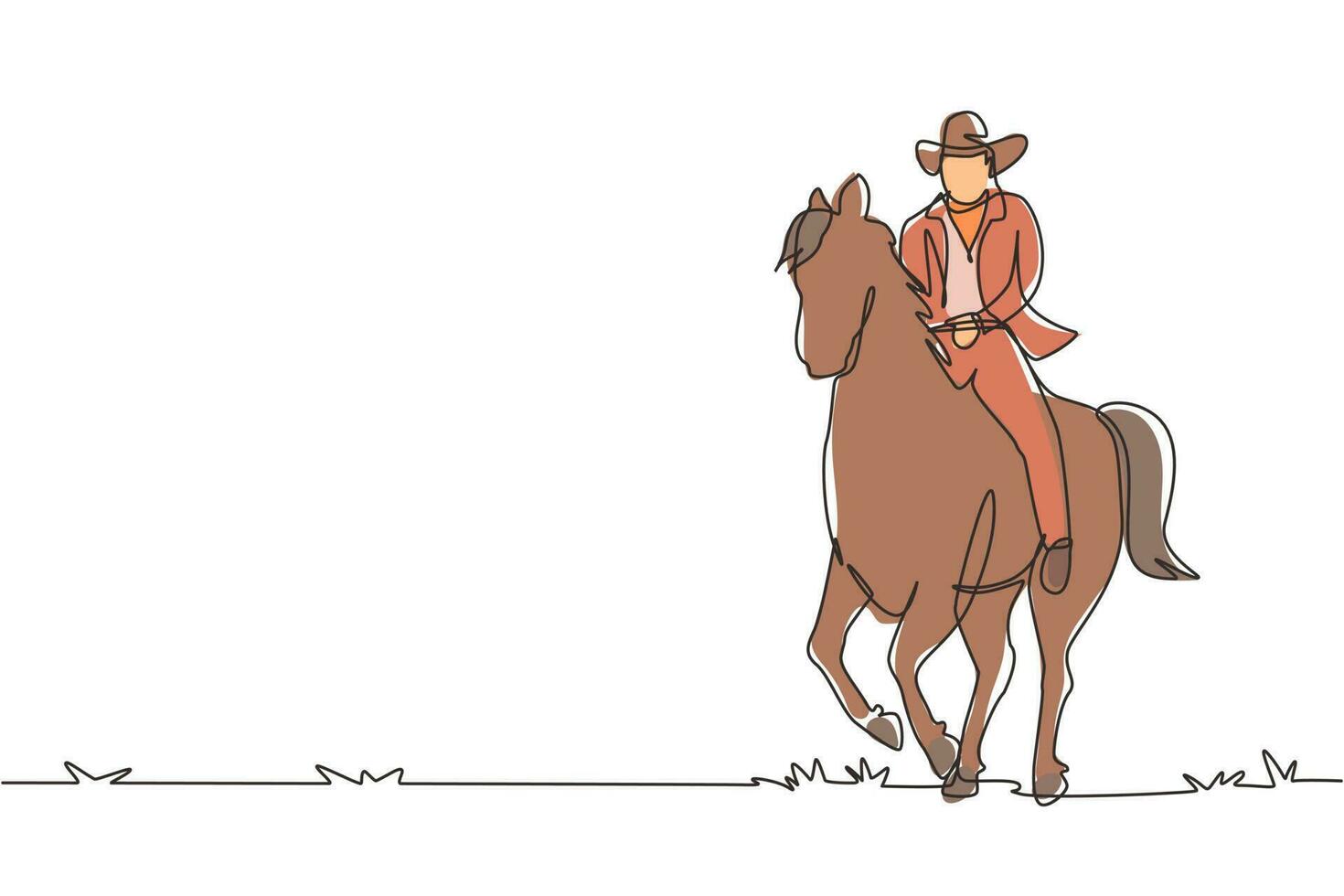 une seule ligne continue dessinant une silhouette de cow-boy à cheval au coucher du soleil. héros de l'ouest sauvage, mustang et personne en plein air, icône ou logo de cow-boy et de cheval. une ligne dessiner illustration vectorielle de conception graphique vecteur