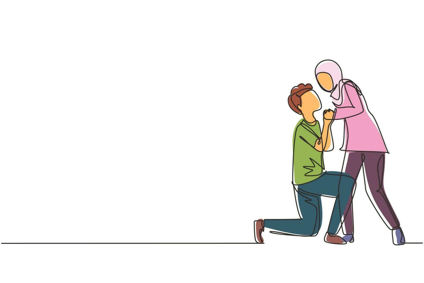 une seule ligne dessinant un homme arabe romantique s'agenouiller et embrasser une femme. couple amoureux s'embrassant et se tenant la main. homme et femme heureux célébrant l'anniversaire de mariage. graphique de conception de dessin en ligne continue vecteur