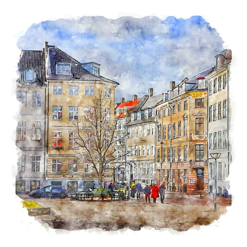 copenhague danemark croquis aquarelle illustration dessinée à la main vecteur