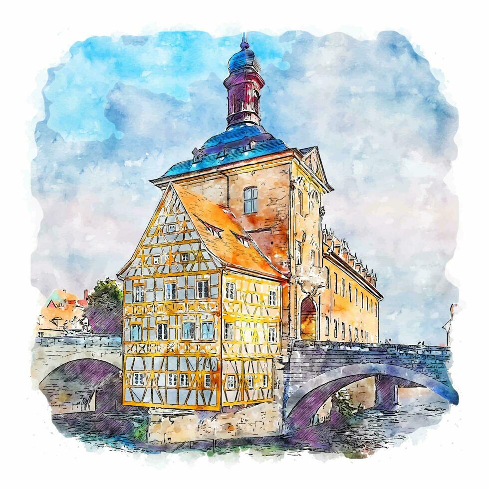 bamberg allemagne croquis aquarelle illustration dessinée à la main vecteur