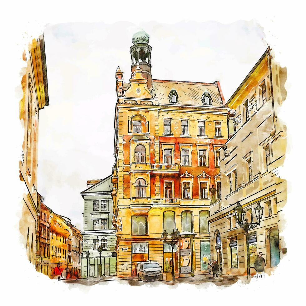 prague république tchèque croquis aquarelle illustration dessinée à la main vecteur