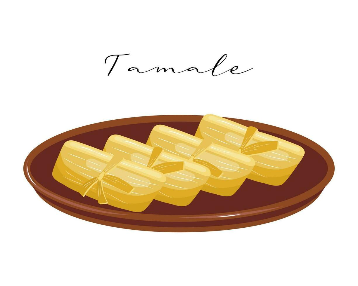 tamale, pâte à viande dans des feuilles de maïs sur une plaque d'argile, cuisine latino-américaine. cuisine nationale du mexique. illustration de nourriture, vecteur