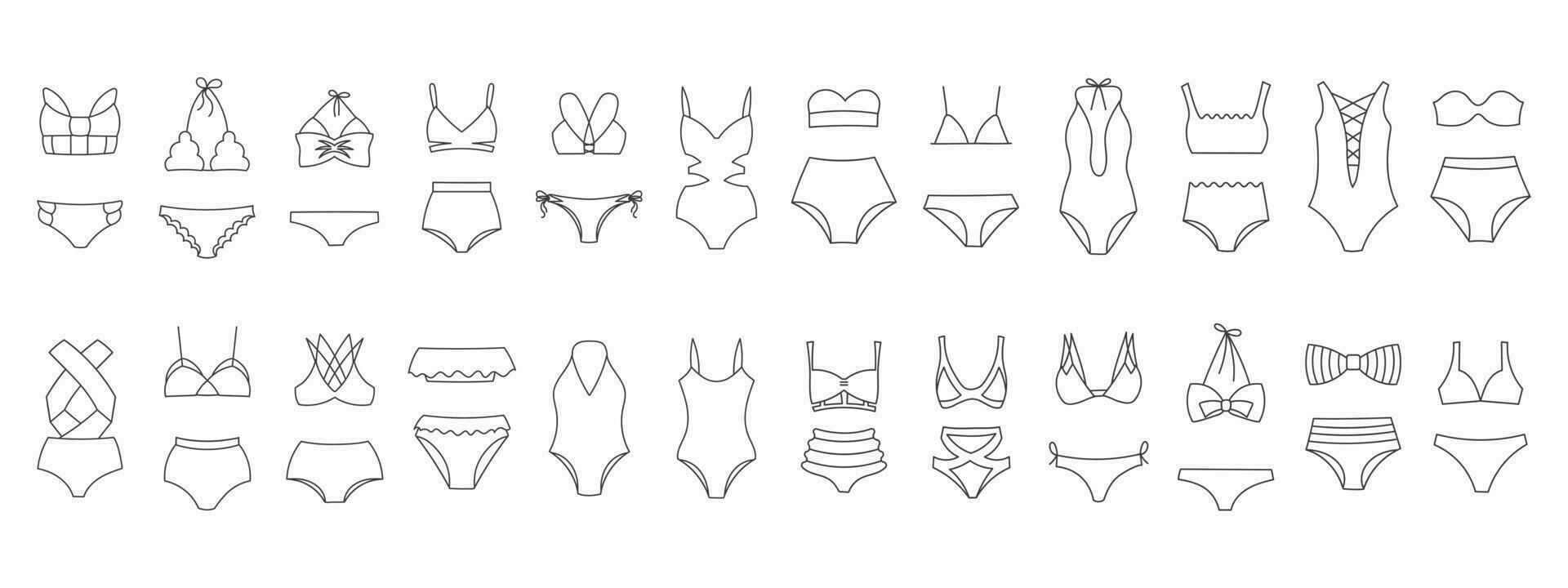 ensemble de ligne dessins de aux femmes bikini maillots de bain sur une blanc Contexte. aux femmes Vêtements Icônes, esquisser, vecteur