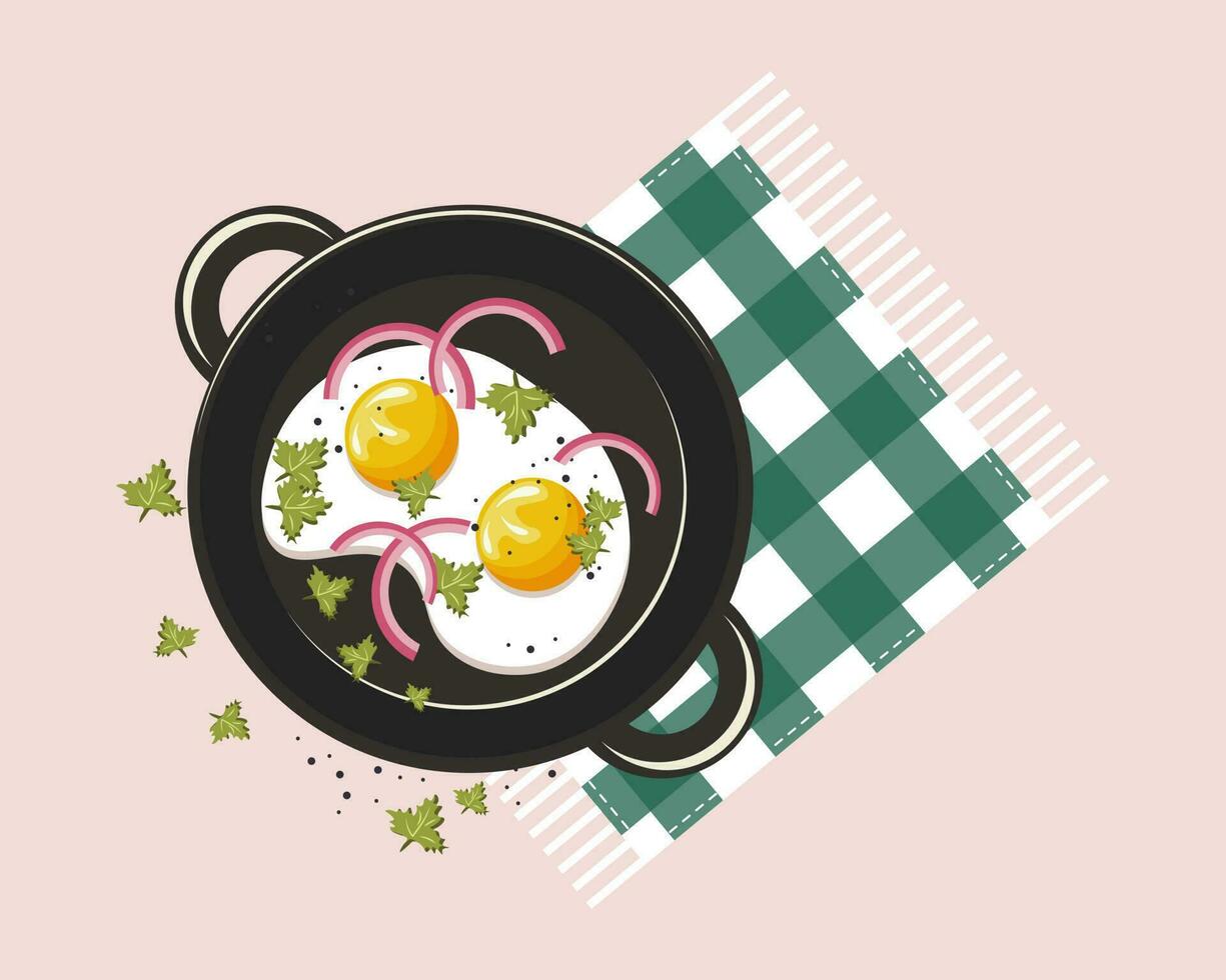 en bonne santé petit-déjeuner, frit des œufs avec saucisses, tomates et herbes dans une friture poêle. nourriture illustration, vecteur. vecteur