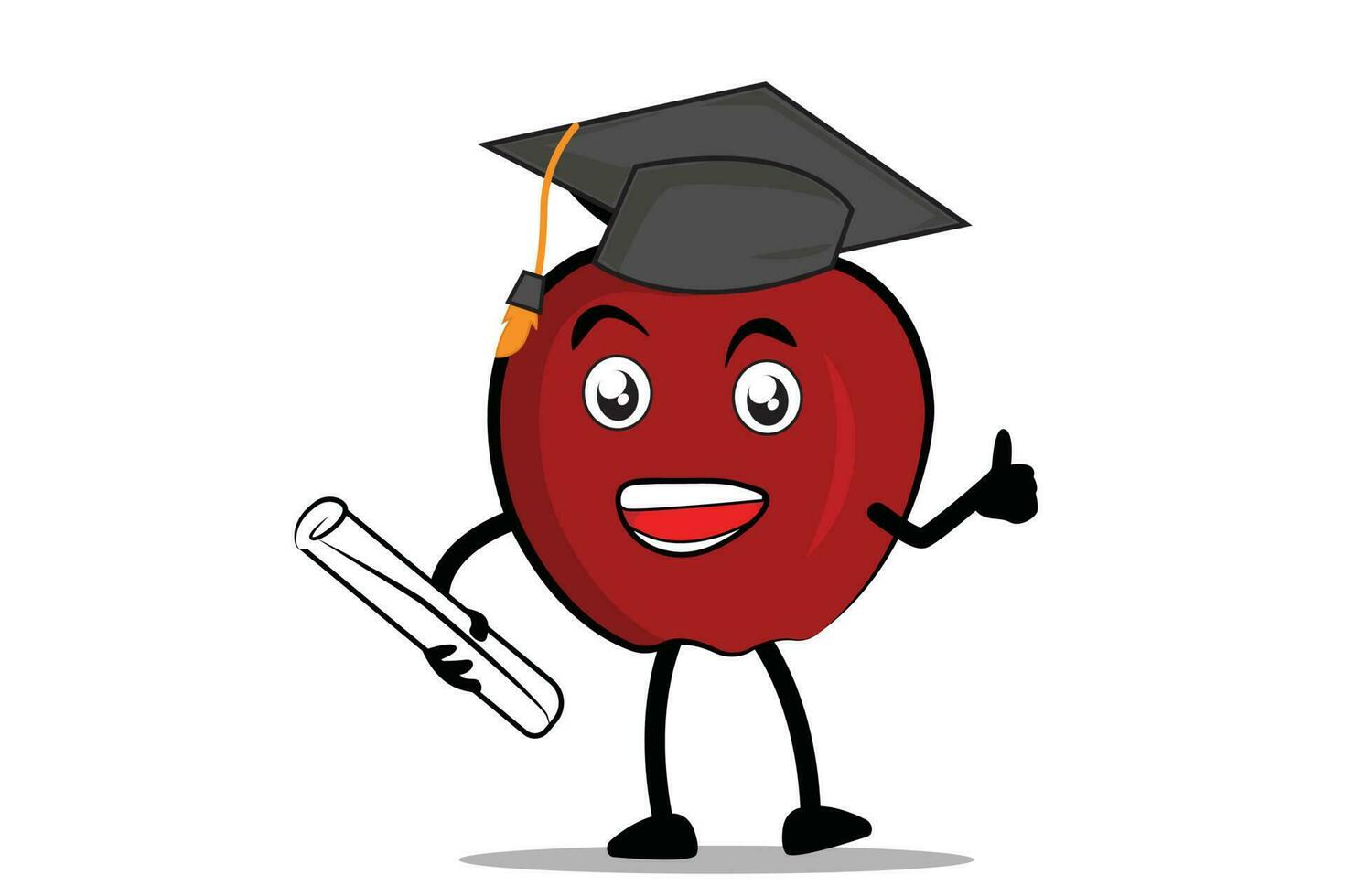 Pomme dessin animé mascotte ou personnage en portant une diplôme et portant une toge dans l'obtention du diplôme vecteur