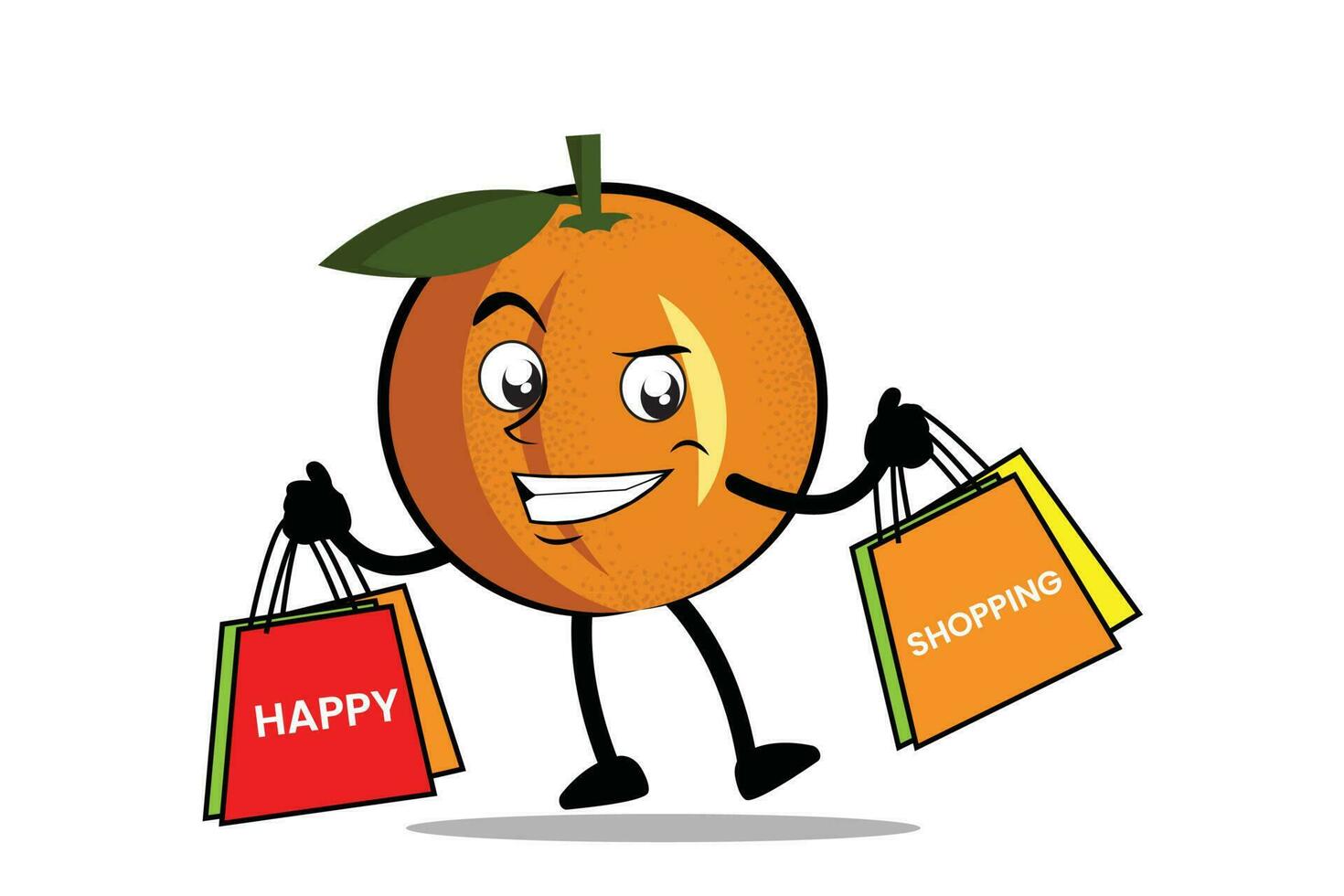 Orange dessin animé mascotte ou personnage porter épicerie Sacs et prendre plaisir achats vecteur