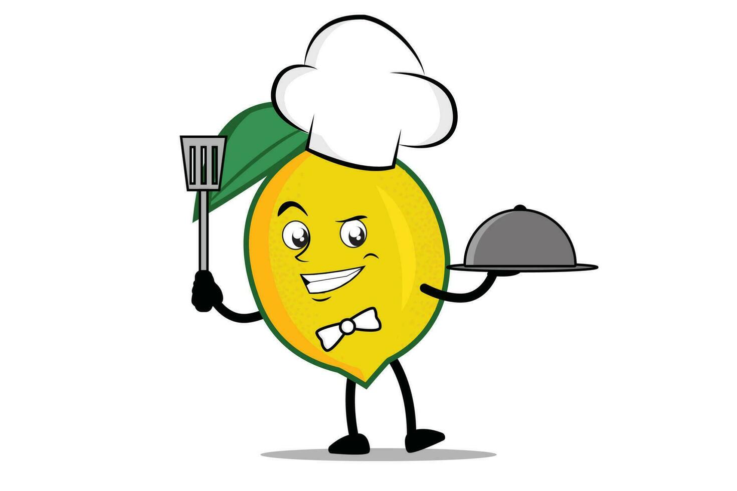 citron dessin animé mascotte ou personnage comme une chef en portant le spatule et portion assiette vecteur