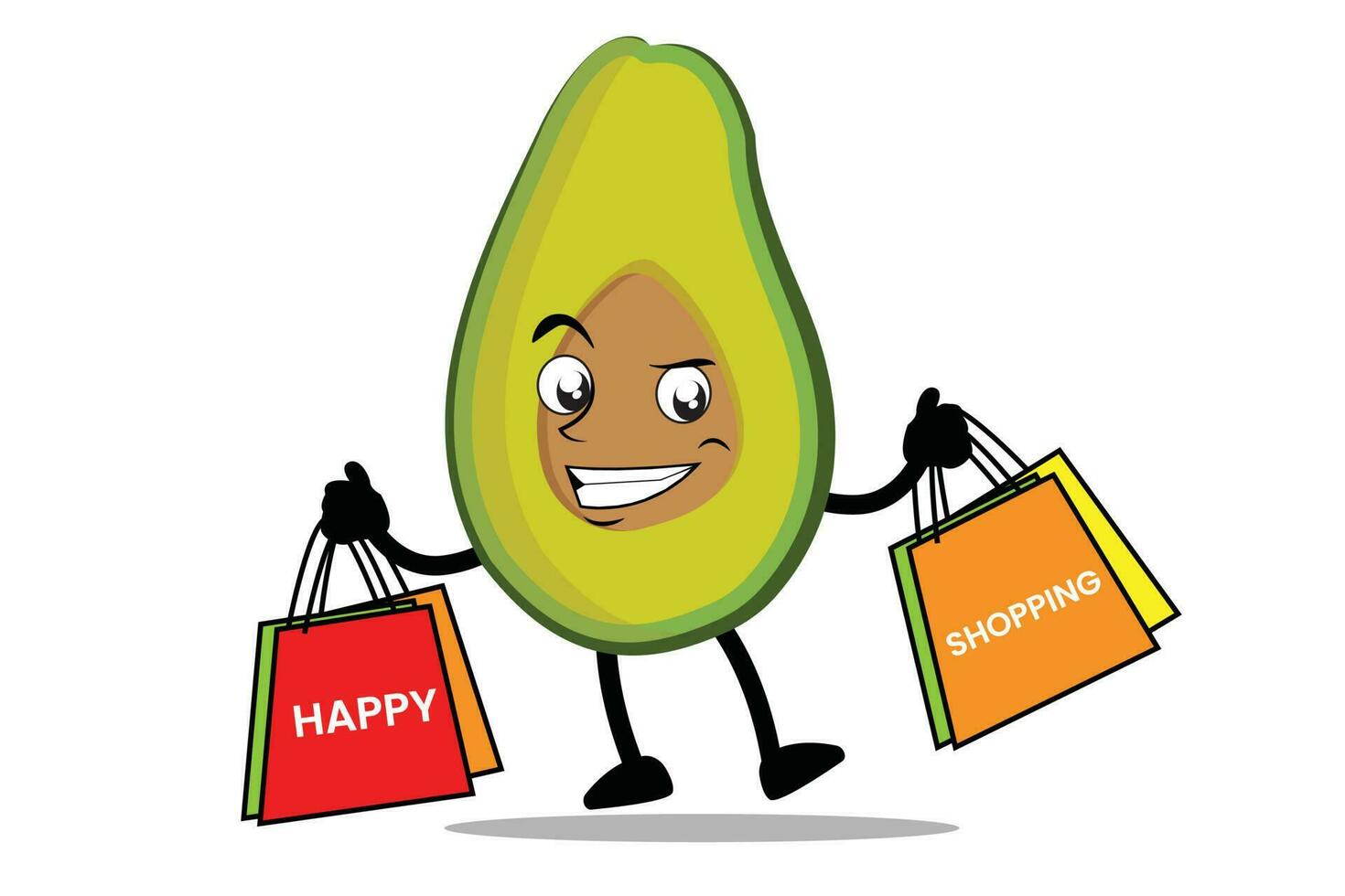 Avocat dessin animé mascotte ou personnage porter épicerie Sacs et prendre plaisir achats vecteur