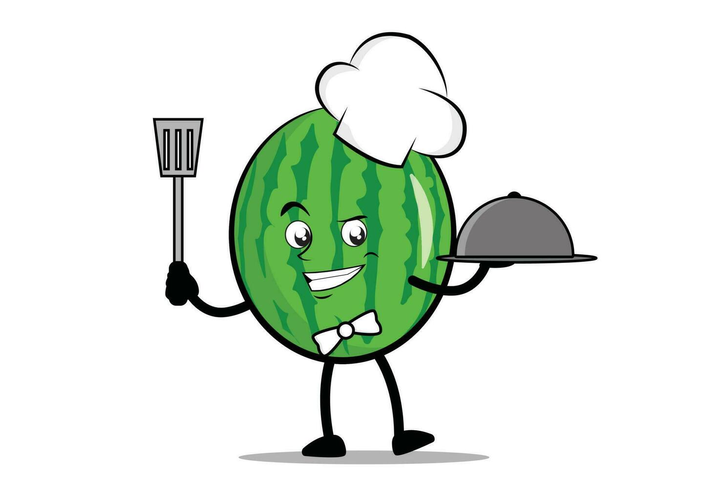 pastèque dessin animé mascotte ou personnage comme une chef en portant le spatule et portion assiette vecteur