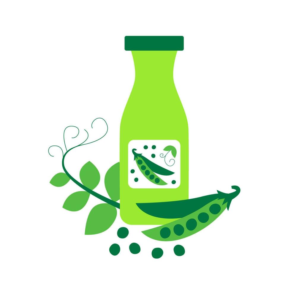 bouteille de pois Lait avec tampons et feuilles. plante basé végétalien boisson concept. laitier gratuit et non lactose boisson. vecteur plat illustration.