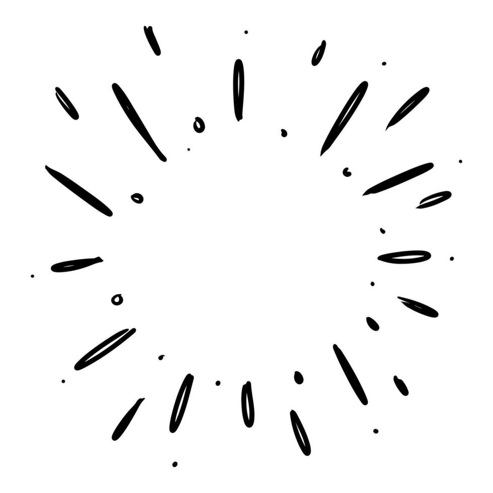 style de croquis de doodle de starburst, sunburst, élément feux d'artifice rayons noirs. effet d'explosion comique. rayonnant, lignes radiales. illustration dessinée à la main de dessin animé pour la conception de concept. vecteur