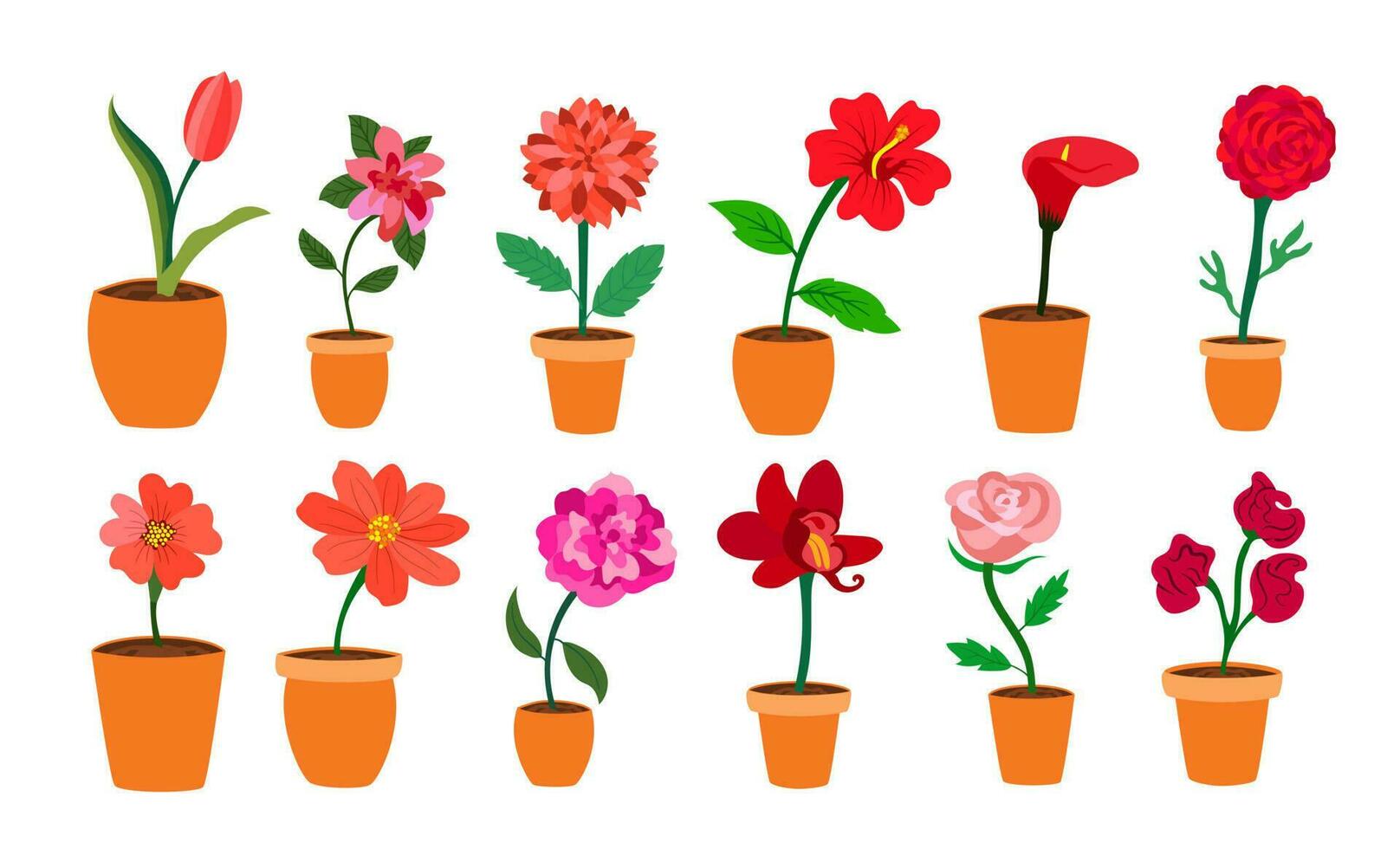 coloré réaliste plat fleurs dans vase ensemble. rouge et rose couleurs. parfait pour des illustrations et la nature éducation. vecteur