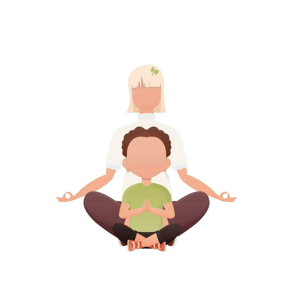 une femme et une peu garçon sont séance Faire yoga dans le lotus position. isolé. dessin animé style. vecteur