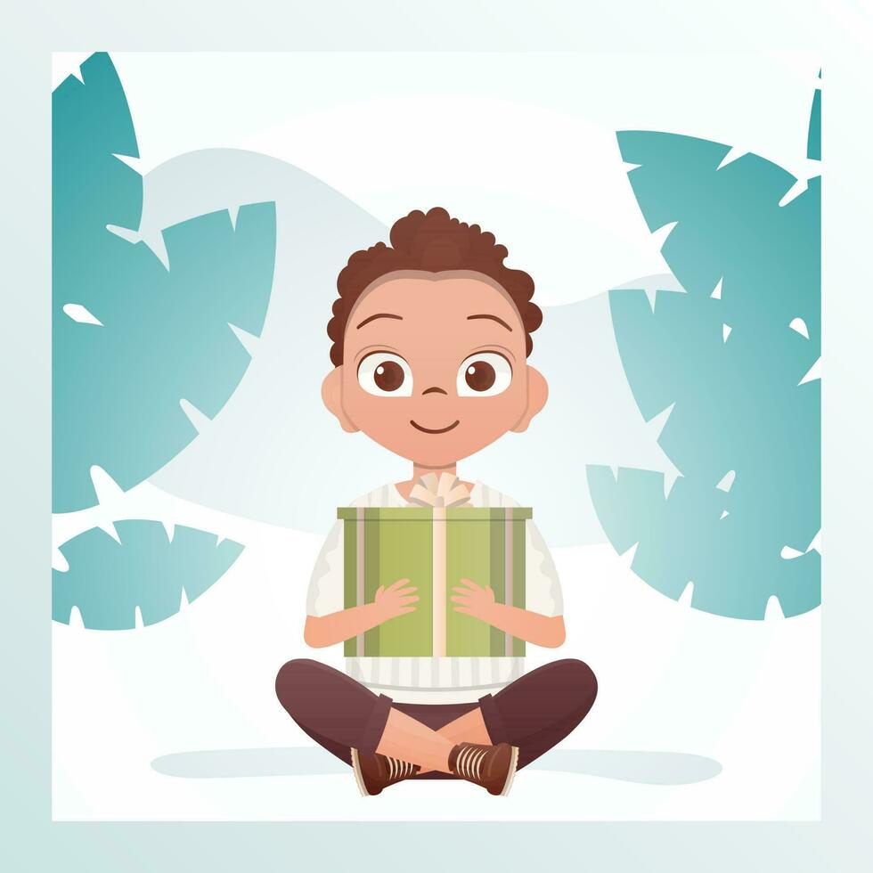 une joyeux enfant garçon est assis dans une lotus position et détient une cadeau boîte avec une arc dans le sien mains. anniversaire, Nouveau année ou vacances thème. dessin animé style. vecteur illustration.