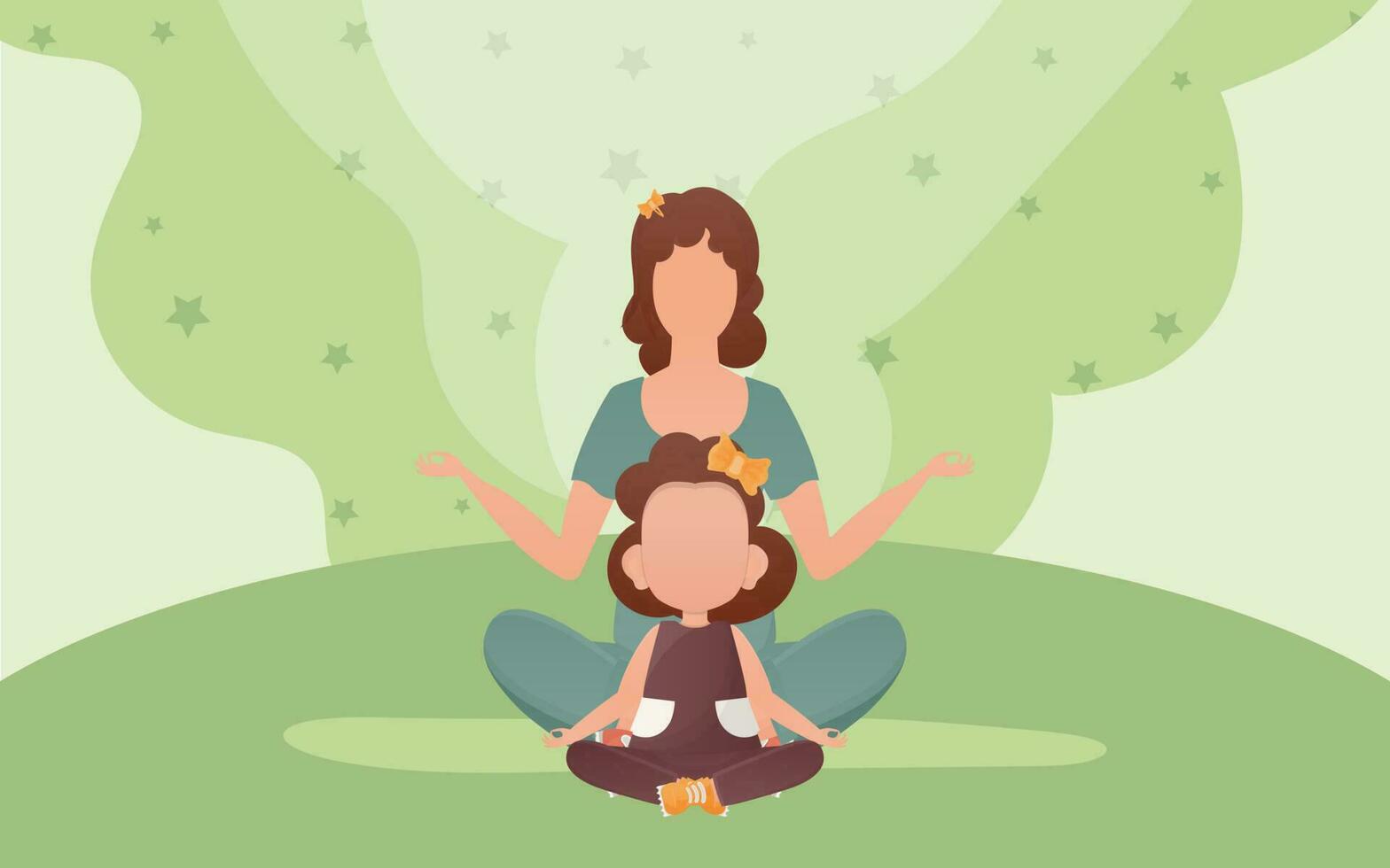 maman et fille faire yoga dans le lotus position. dessin animé style. méditation et concentration concept. vecteur. vecteur