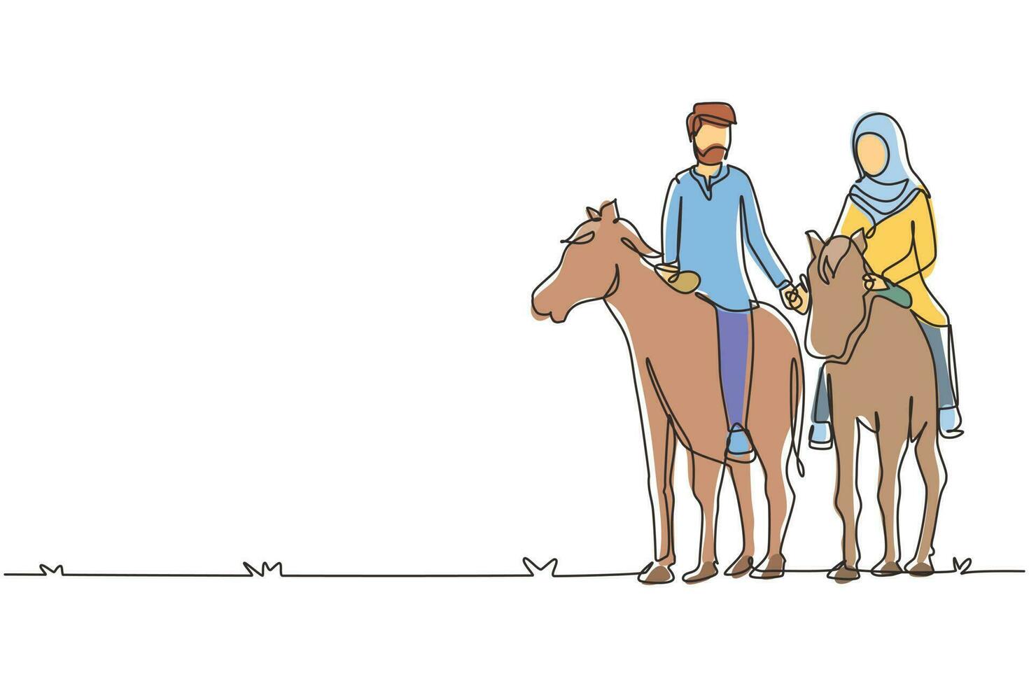 une seule ligne dessinant un couple arabe à cheval main dans la main au coucher du soleil. homme faisant une proposition de mariage à une femme. fiançailles et relation amoureuse. illustration vectorielle graphique de conception de dessin en ligne continue vecteur