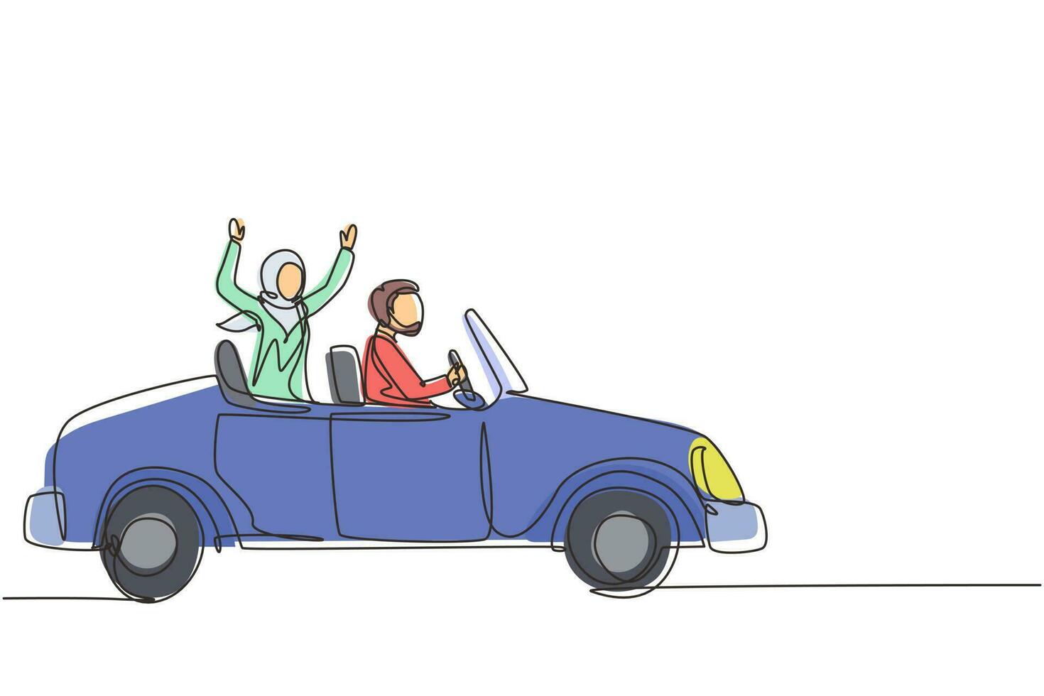 une ligne continue dessinant un couple arabe nouvellement marié marié dans un véhicule. heureux homme et femme équitation voiture de mariage. couple marié relation amoureuse. illustration graphique vectorielle de conception à une seule ligne vecteur