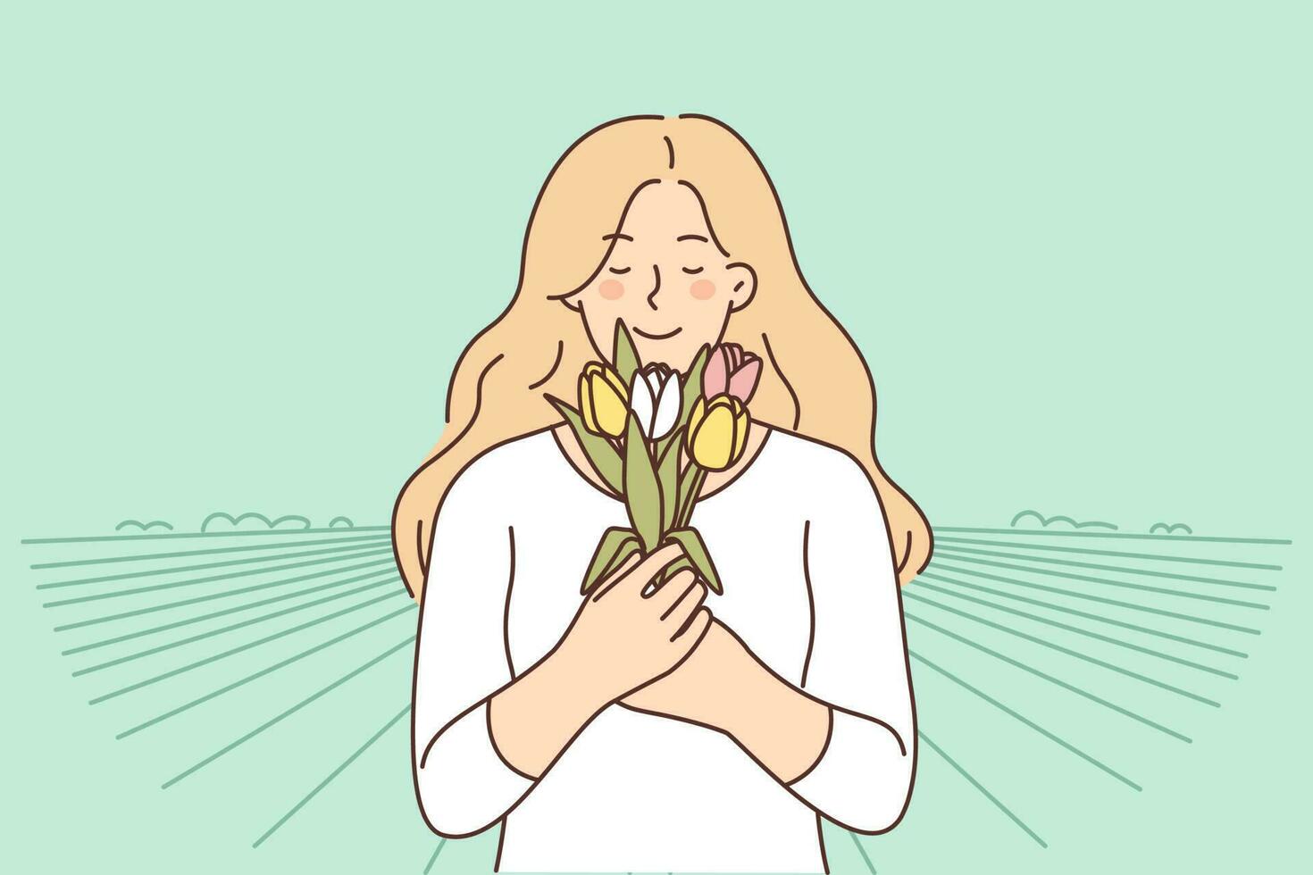 souriant femme avec bouquet de fleurs pincé à campagne plantation pour concept de agriculture et croissance tulipes. content fille avec fermé yeux inhale fleurs réjouir dans à venir de printemps vecteur