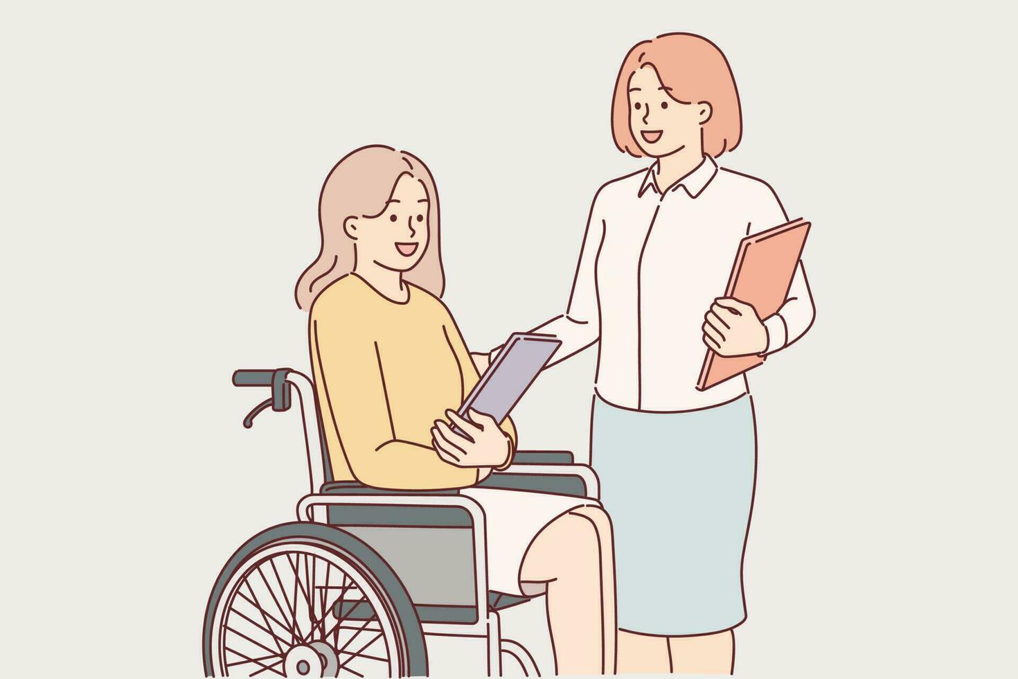 femme séance dans fauteuil roulant près collègues qui Aidez-moi gens avec handicapées effectuer professionnel devoirs. concept de accessible travail pour gens avec handicapées et la diversité de gens dans entreprise vecteur