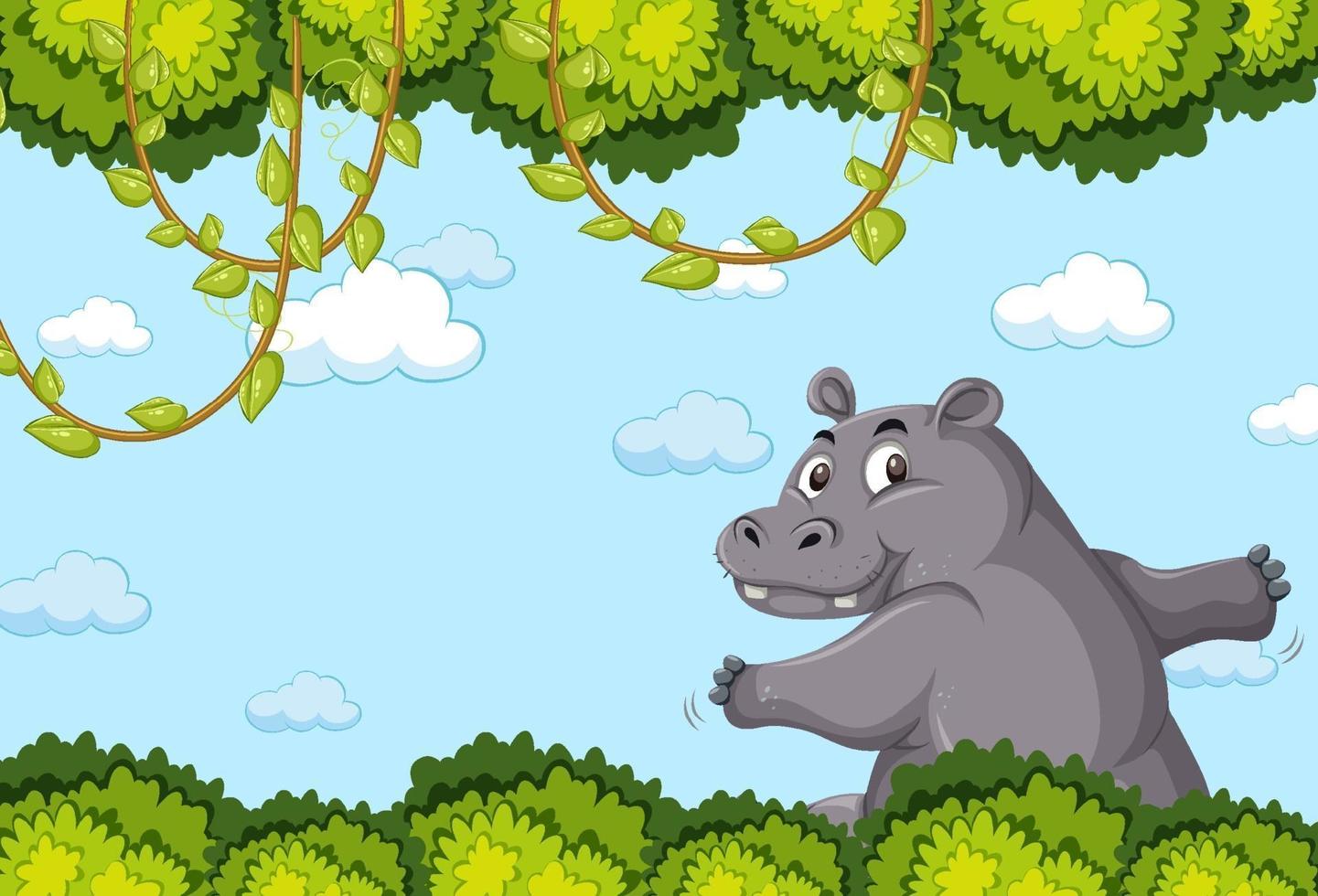 personnage de dessin animé d & # 39; hippopotame dans une scène de forêt vierge vecteur