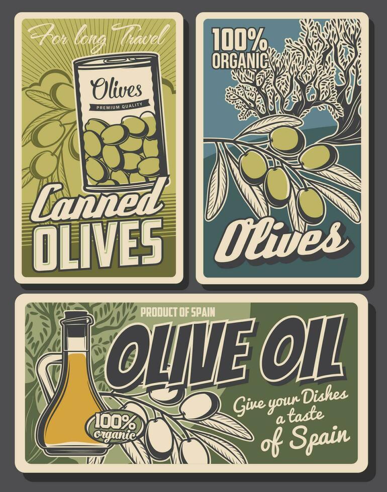 olive huile, arbre et vert des fruits, cruche et pouvez vecteur