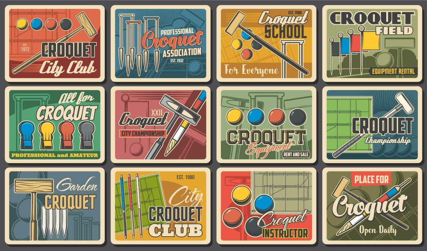 croquet sport club affiches rétro, jouer balle, bâton vecteur