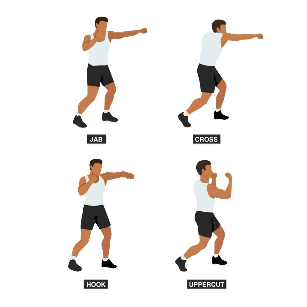 homme Faire boxe se déplace exercer. coup traverser crochet et uppercut mouvement. ombre boxe. plat vecteur illustration