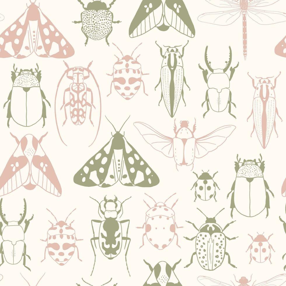 Contexte avec main tiré insectes illustrations. papillon, scarabée, bogue, libellule. entomologique sans couture modèle vecteur