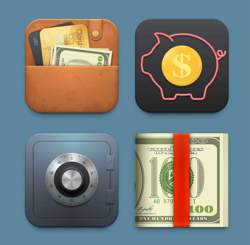 argent, portefeuille, sûr et porcin banque app Icônes vecteur