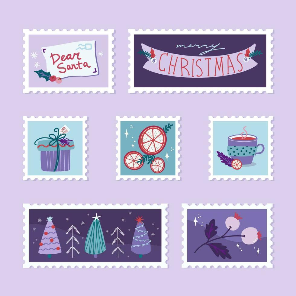 main tiré collection de Noël affranchissement timbres dans dessin animé style vecteur