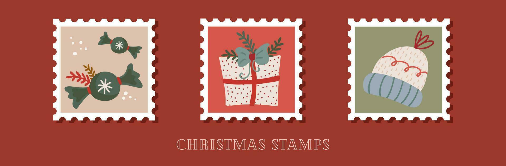 main tiré collection de Noël affranchissement timbres dans rétro style vecteur