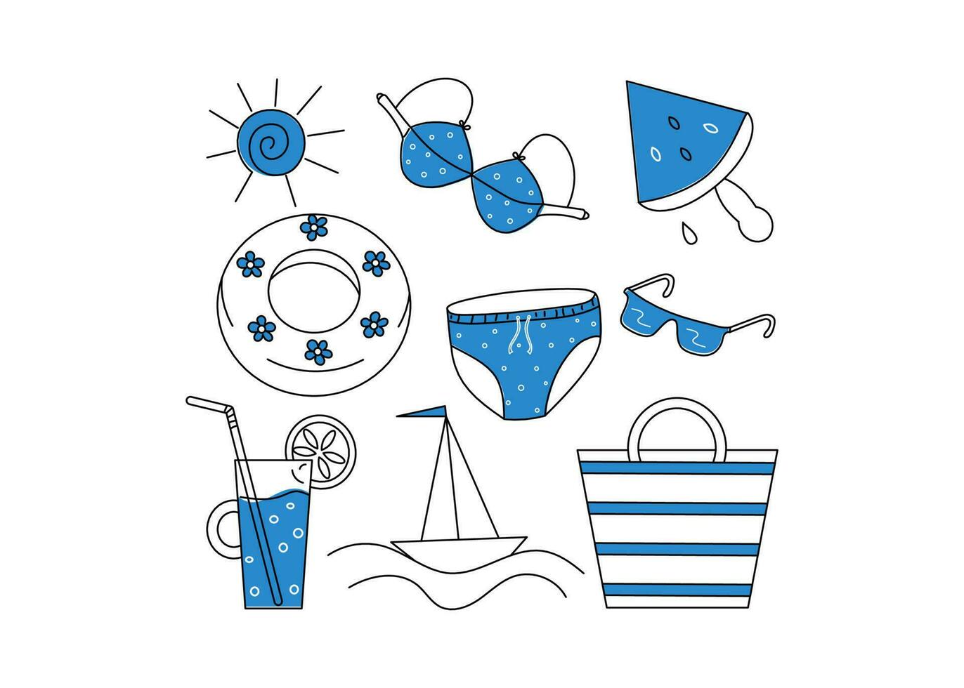 une ensemble de plage accessoires. Icônes . été, insignes. vêtements. du repos par le mer. vecteur illustration, griffonnage style.