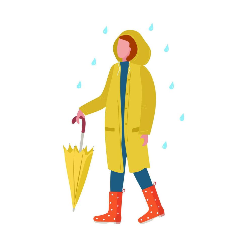 une fille dans une imperméable imperméable, caoutchouc bottes et un parapluie. une Jeune femme sur une marcher. gouttes de pluie, inclément temps, protection de pluie. gouttes de l'eau. fermé parapluie. vecteur illustration.