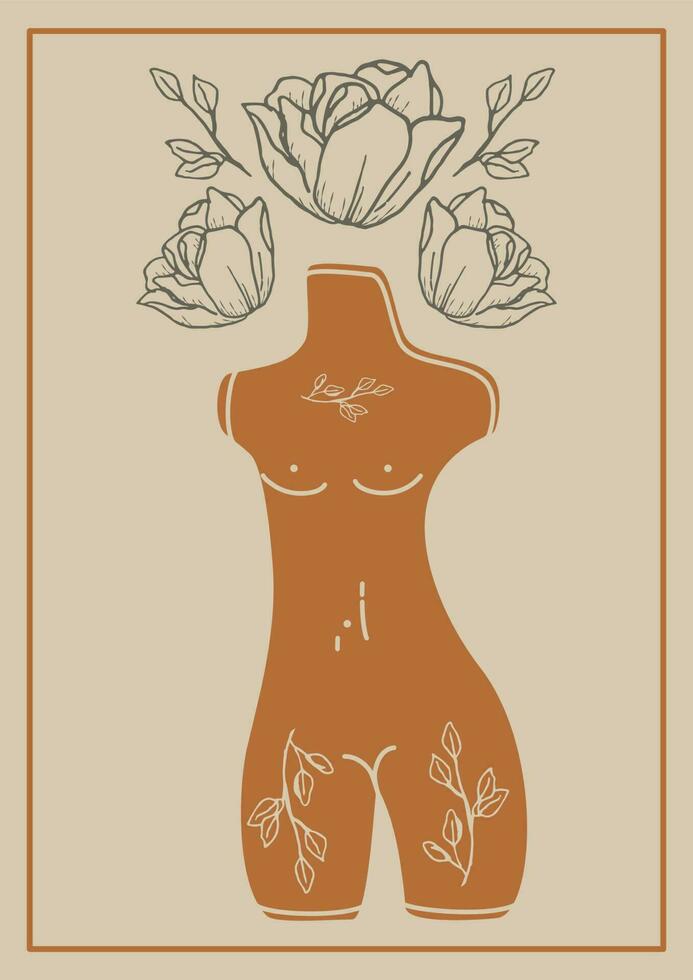 moderne esthétique illustration affiche avec femme corps. bohémien style mur décor. contemporain artistique impression avec femelle buste et fleurs. femelle silhouettes, pastel couleurs. féminin concept vecteur