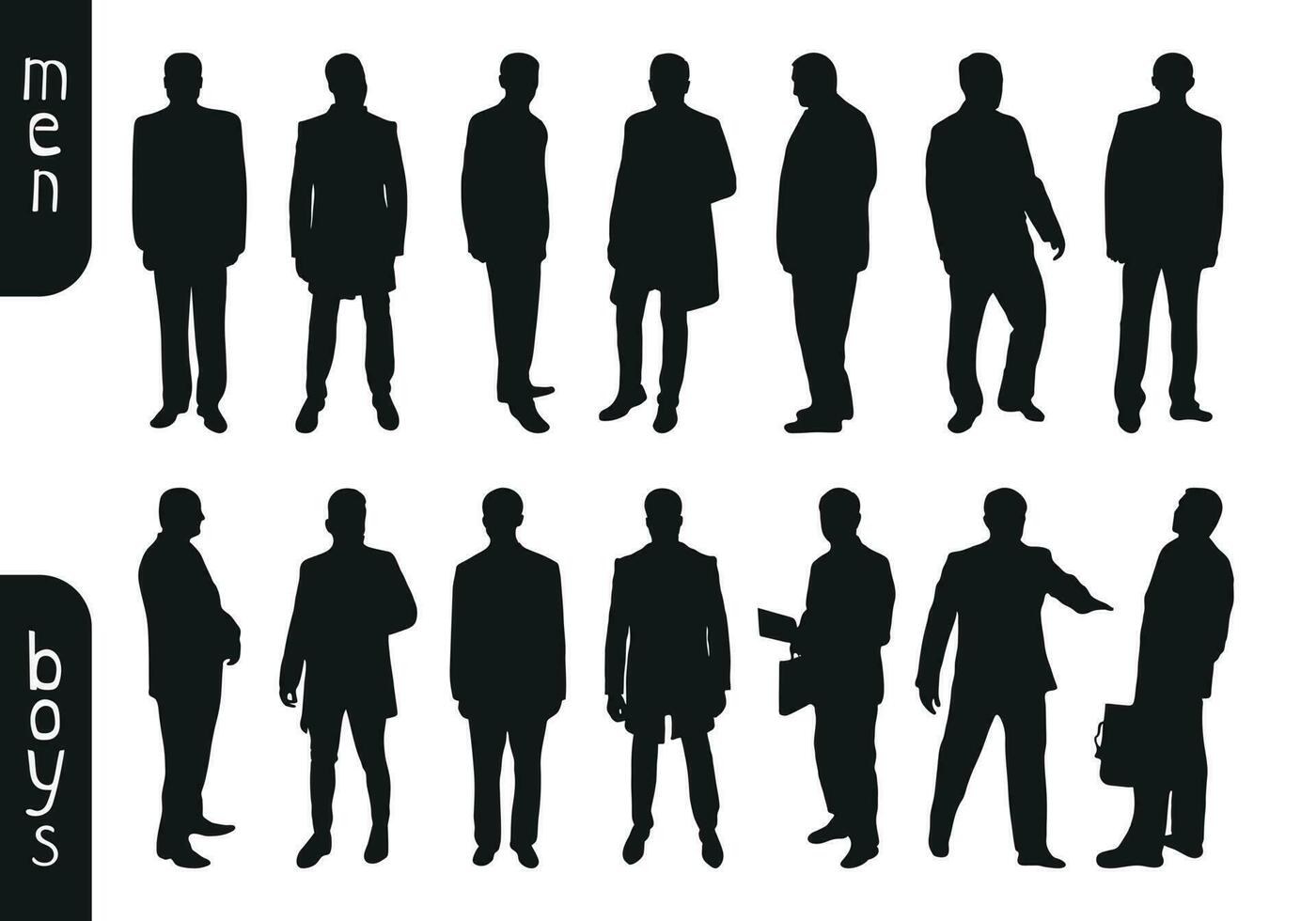 vecteur silhouettes de Hommes, homme, gars, garçon. affaires Hommes, entrepreneur, exécutif, ouvriers, amis, étudiants, des manifestants, ouvriers, professeur, public