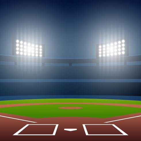 Terrain de baseball de nuit avec stade lumineux Vector Illustration