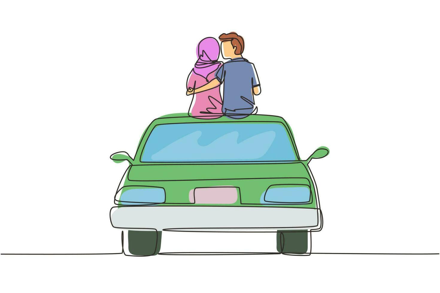 une seule ligne continue dessinant deux amoureux arabes heureux assis sur le toit de la voiture et regardant un paysage romantique. homme et femme heureux célébrant l'anniversaire de mariage. une ligne dessiner vecteur de conception graphique