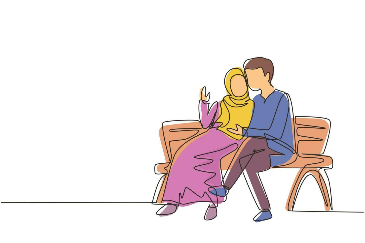 une seule ligne continue dessinant un couple arabe romantique sur un banc dans le parc. homme heureux étreignant et embrassant la femme. couple datant de célébrer l'anniversaire de mariage. illustration vectorielle de conception graphique d'une ligne vecteur