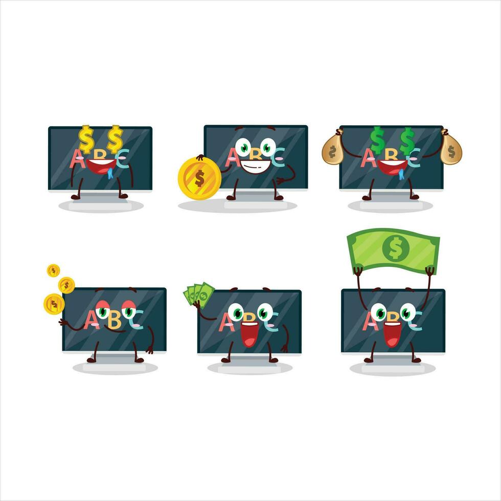 alphabet sur moniteur dessin animé personnage avec mignonne émoticône apporter argent vecteur
