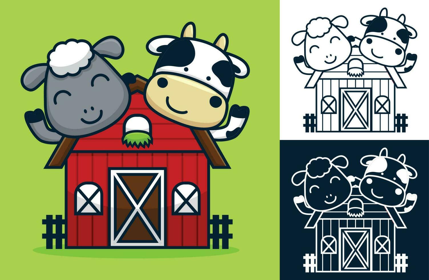 marrant mouton et vache sur Grange. vecteur dessin animé illustration dans plat icône style